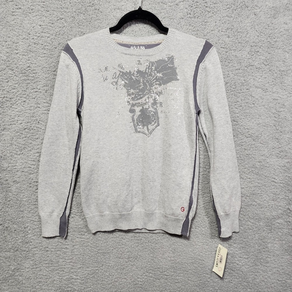 Vintage Y2K Guess Boys Medium Gray‎ Sweater Crew Neck Raw Hem NWT